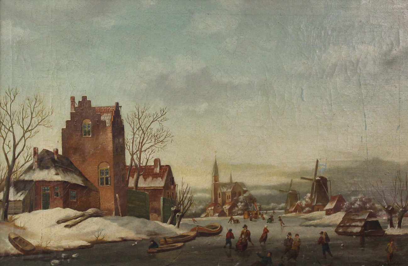 Jacob Jan Coenraad SPOHLER (1837 - 1922). Eisvergnügen vor niederländischer Stadt. 42 cm x 61 cm.