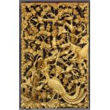 Holzpaneel. Geschnitzt. Goldfarben. Vogeldekor. China alt. 64 cm x 39,5 cm. Wood panel. Carved. Gold