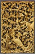 Holzpaneel. Geschnitzt. Goldfarben. Vogeldekor. China alt. 64 cm x 39,5 cm. Wood panel. Carved. Gold