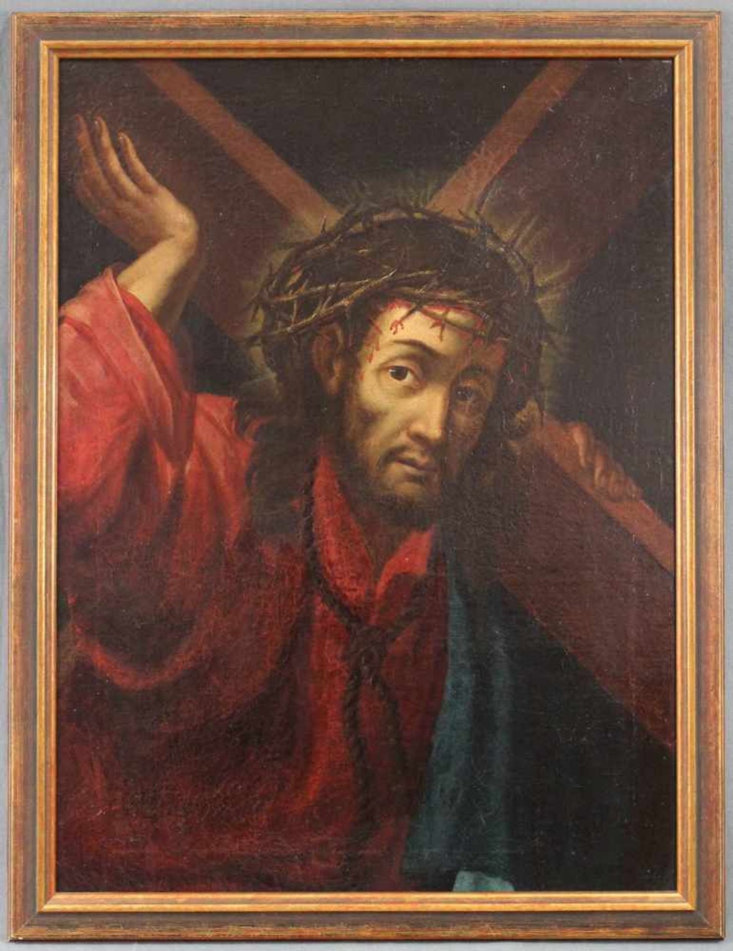UNSIGNIERT (XVIII). Jesus mit Dornenkrone und dem Kreuz. 67 cm x 50 cm. Gemälde. Öl auf Leinwand auf - Image 2 of 5