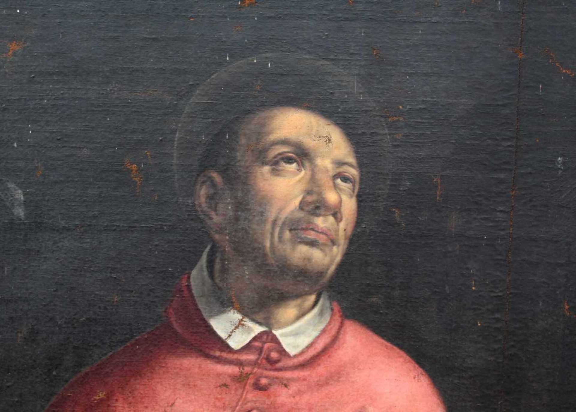 UNSIGNIERT (XVII - XVIII). Portrait eines Bischofs mit Engel. 220 cm x 145 cm. Gemälde. Öl auf - Bild 6 aus 9