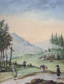 UNSIGNIERT (XIX). Landleben in den Schweizer Alpen. 28 cm x 21 cm im Ausschnitt. Gouache auf Papier.