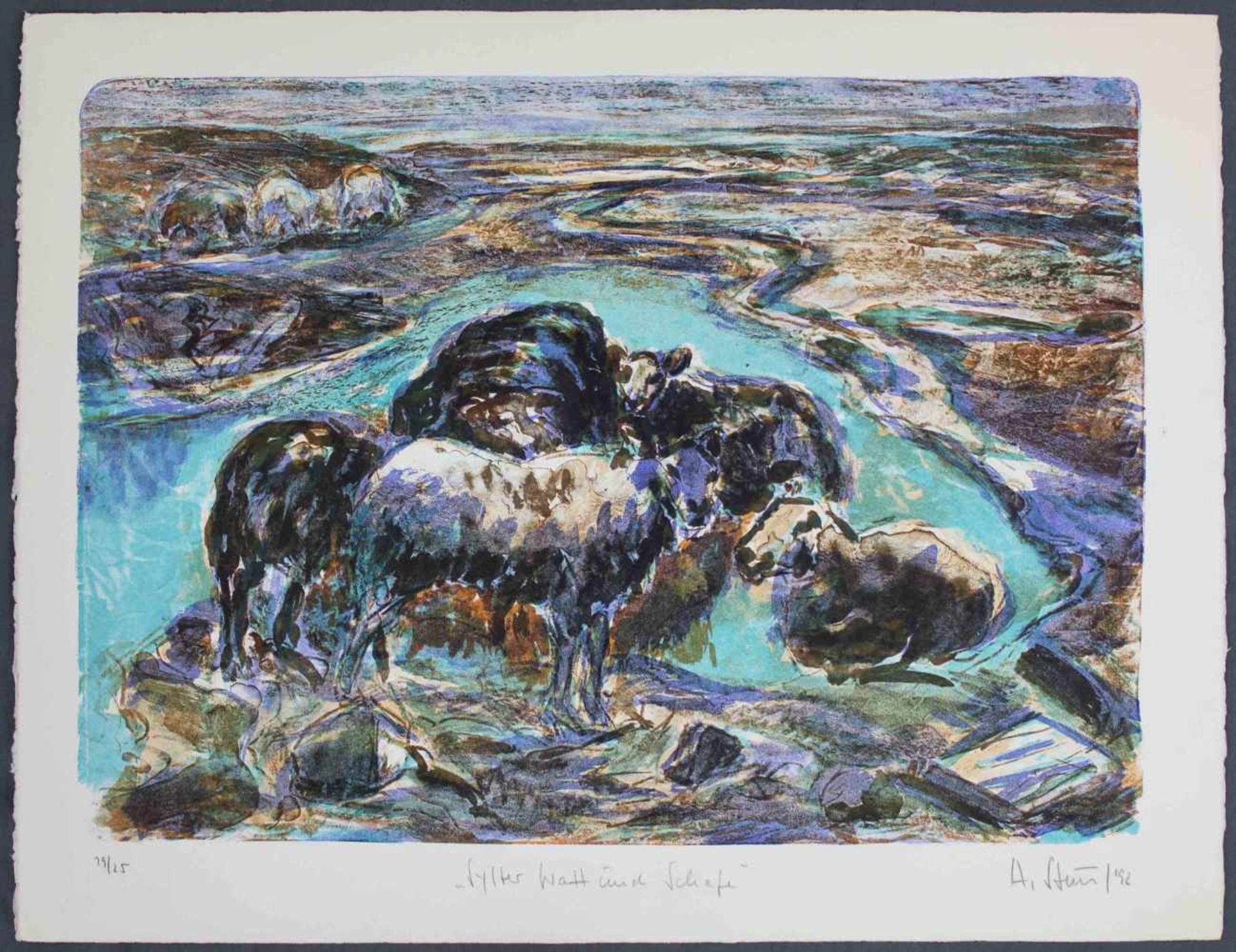 Helmut STURM (1932 - 2008). "Sylter Watt und Schafe" 1992. 50 cm x 65 cm das Blatt. Lithographie auf - Bild 2 aus 8