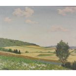 M. METZKER (XX). Mittelgebirgslandschaft im Sommer. 50 cm x 60 cm. Gemälde. Öl auf Leinwand. Links