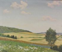 M. METZKER (XX). Mittelgebirgslandschaft im Sommer. 50 cm x 60 cm. Gemälde. Öl auf Leinwand. Links