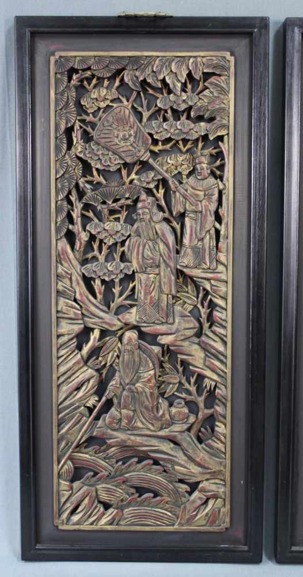 2 Paneele Holz geschnitzt. Wohl China alt. Je 77 cm x 34 cm. 2 panels carved wood. Probably China - Image 2 of 7
