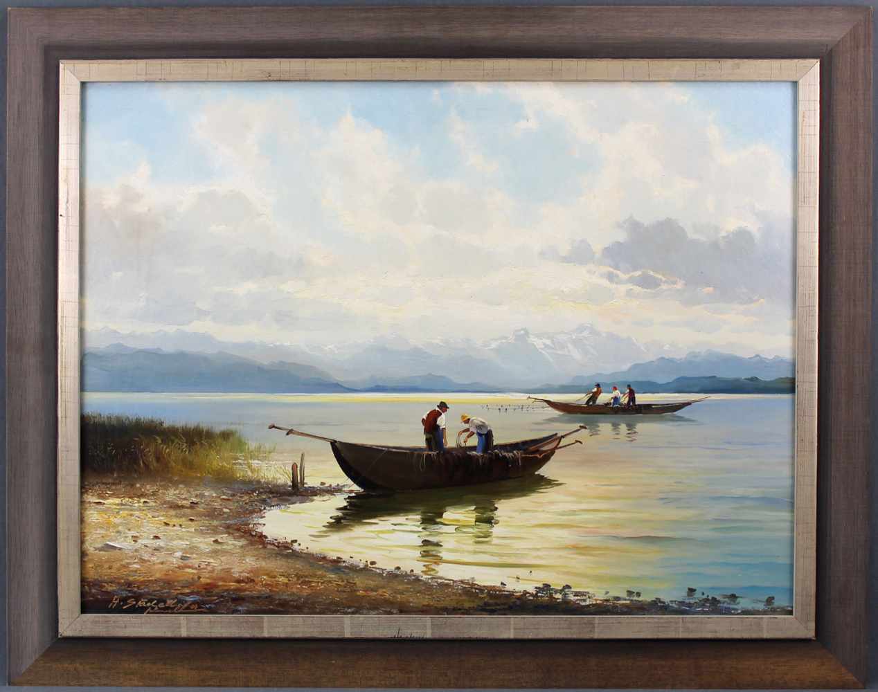 Helmut STADELHOFER (1914 - 1979). 2 Fischerboote auf dem Bodensee. Blick Richtung Bregenz. 60 cm x - Image 2 of 8