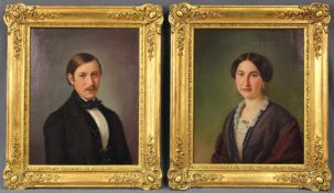 UNSIGNIERT (XIX). Zwei Biedermeier Portraits. Ein Paar. 42 cm x 33 cm. Gemälde, Öl auf Leinwand.