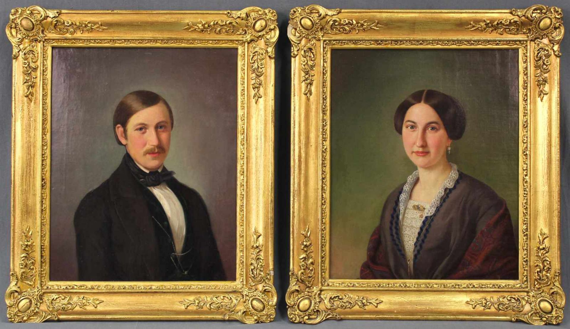 UNSIGNIERT (XIX). Zwei Biedermeier Portraits. Ein Paar. 42 cm x 33 cm. Gemälde, Öl auf Leinwand.