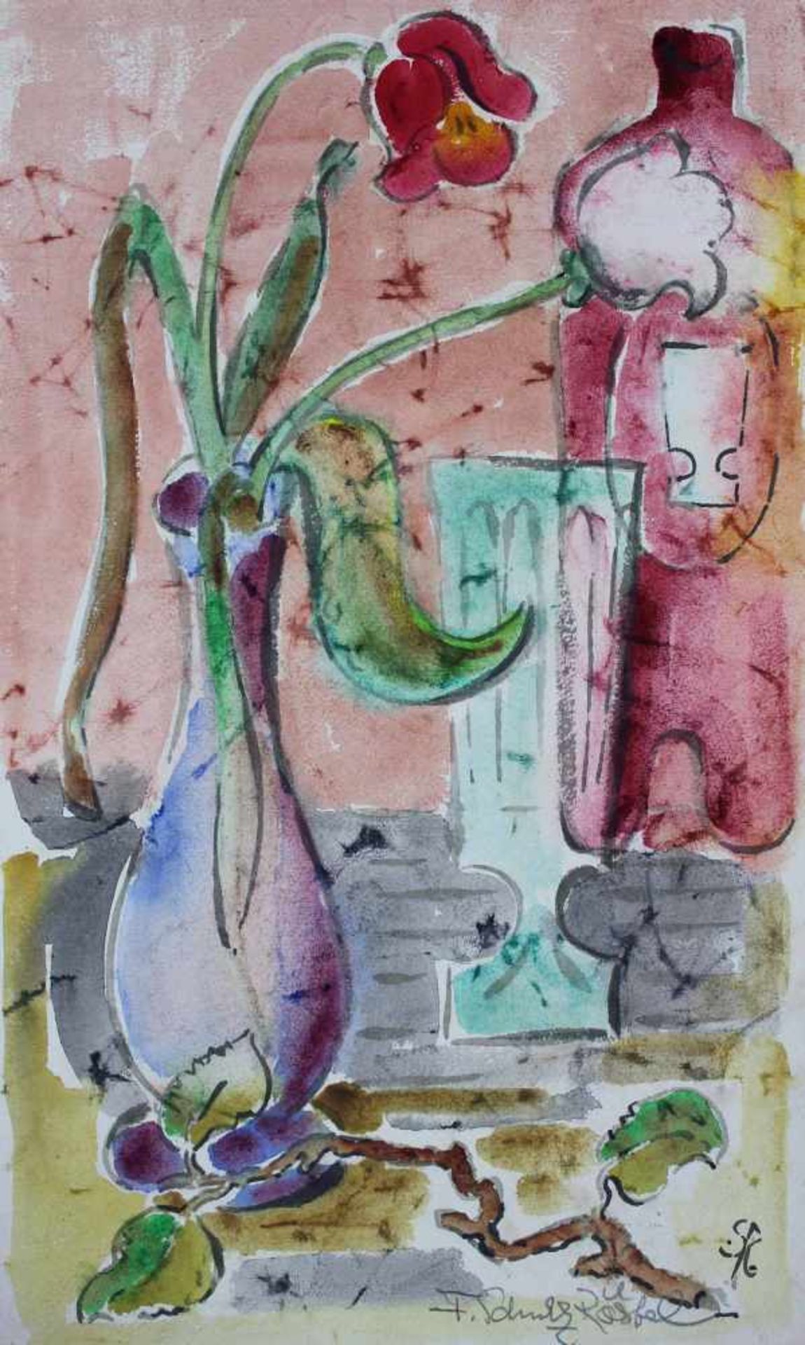 Fritz SCHULZ - RÖSTEL (1906 - nach 1986). Tulpen in Vase. 41 cm x 30 cm. Aquarell auf Papier. Rechts