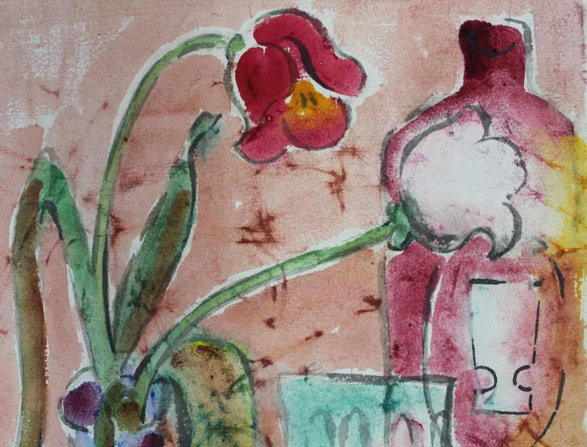 Fritz SCHULZ - RÖSTEL (1906 - nach 1986). Tulpen in Vase. 41 cm x 30 cm. Aquarell auf Papier. Rechts - Image 4 of 5