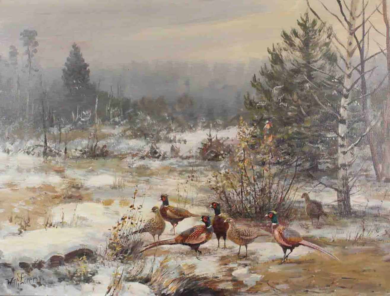 Willy LORENZ (1901 - 1981). Vier Fasane mit drei Rebhühnern in Winterlandschaft. 60 cm x 80 cm.