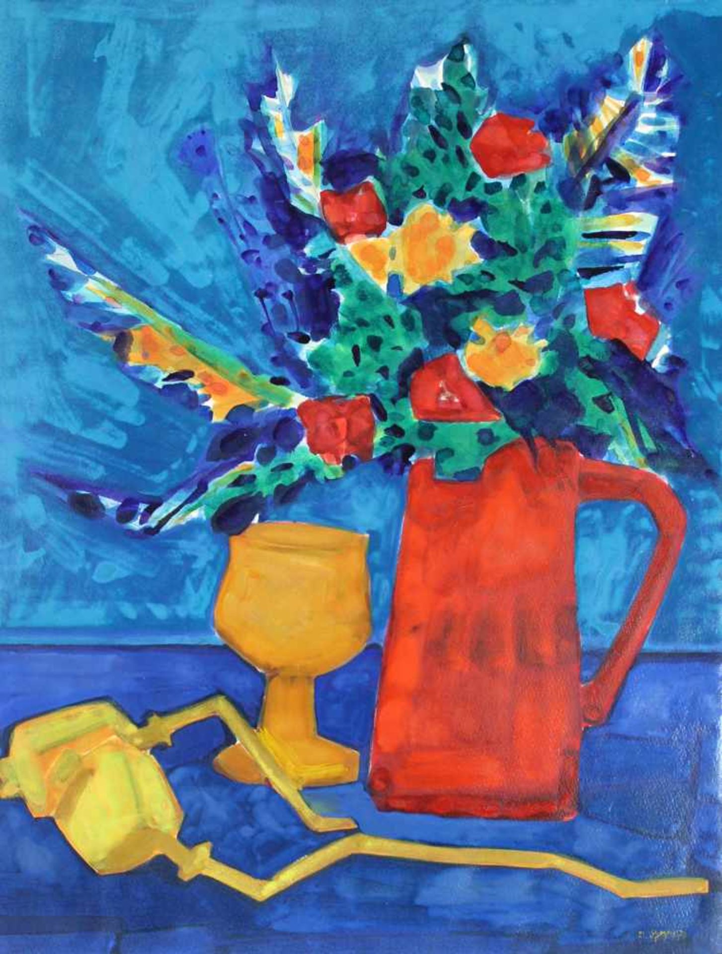 Dieter TYSPE-VOGT (1937 - 1994). Blumen im roten Krug. 1979. 56 cm x 42 cm. Gemälde. Öl auf leichtem