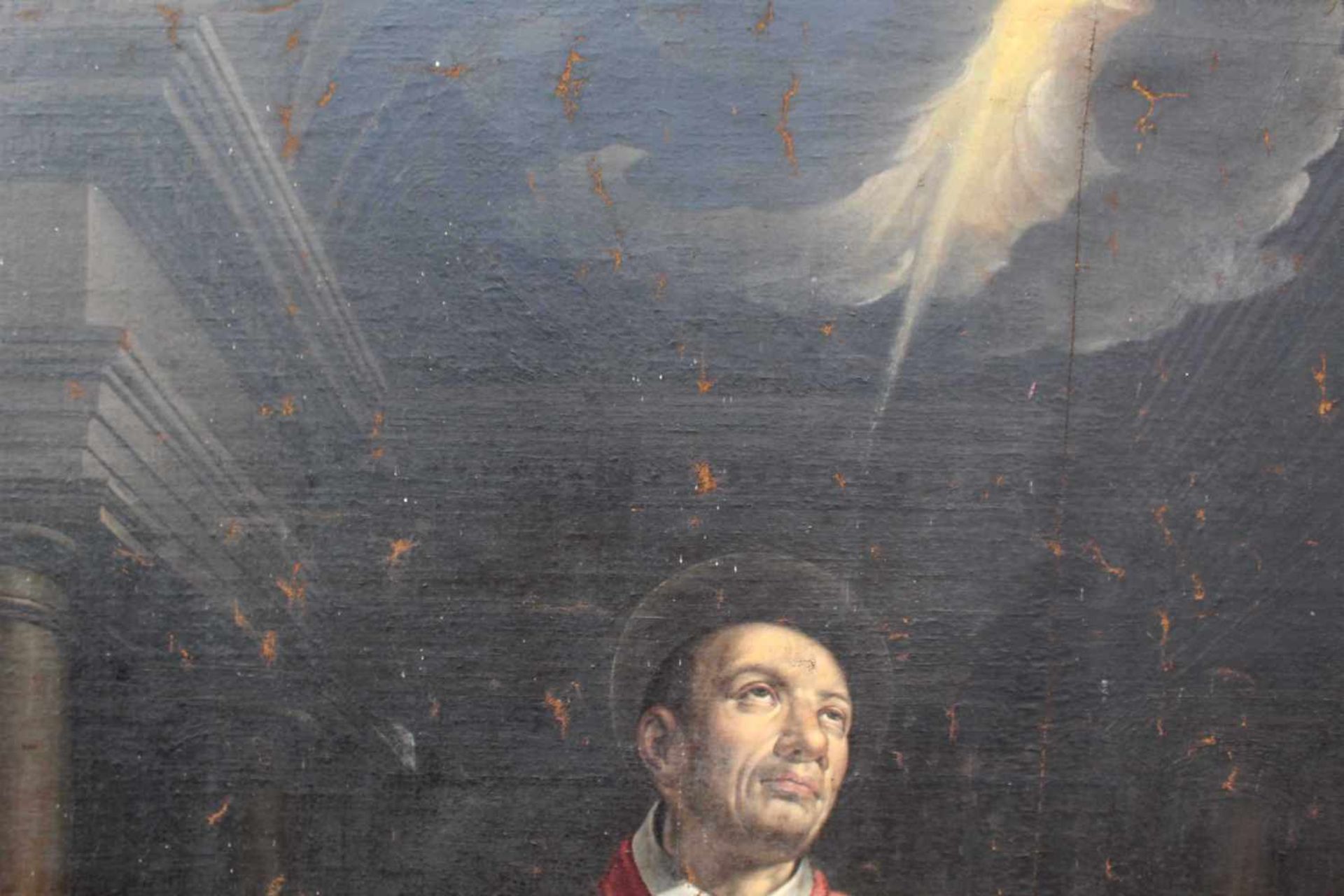 UNSIGNIERT (XVII - XVIII). Portrait eines Bischofs mit Engel. 220 cm x 145 cm. Gemälde. Öl auf - Bild 7 aus 9