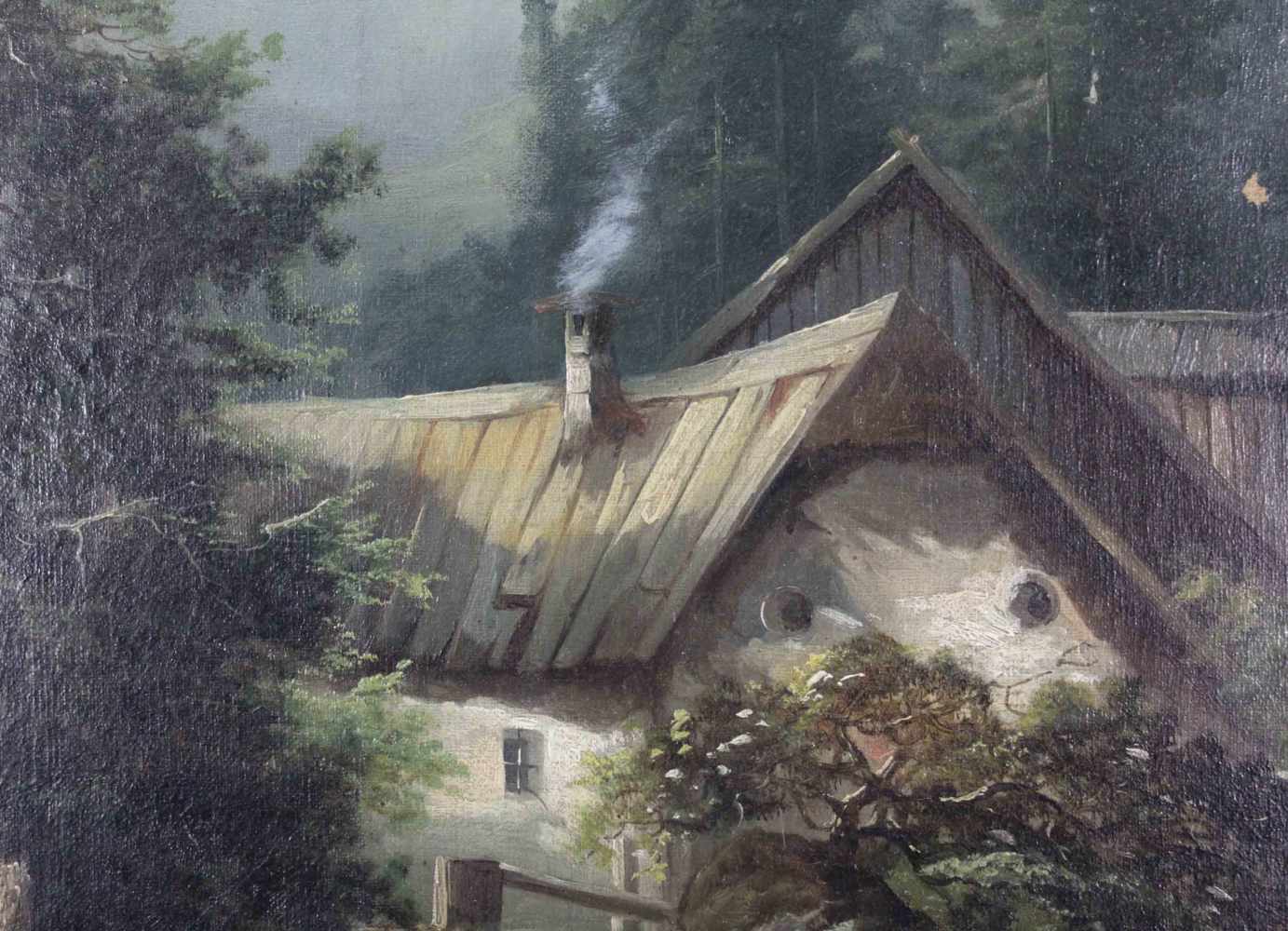 UNSIGNIERT (XIX). Wildbach mit Mühle in den Alpen. 74 cm x 100 cm. Gemälde, Öl auf Leinwand. - Image 5 of 6