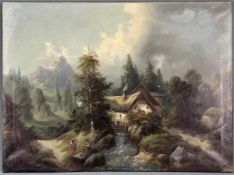 UNSIGNIERT (XIX). Wildbach mit Mühle in den Alpen. 74 cm x 100 cm. Gemälde, Öl auf Leinwand.