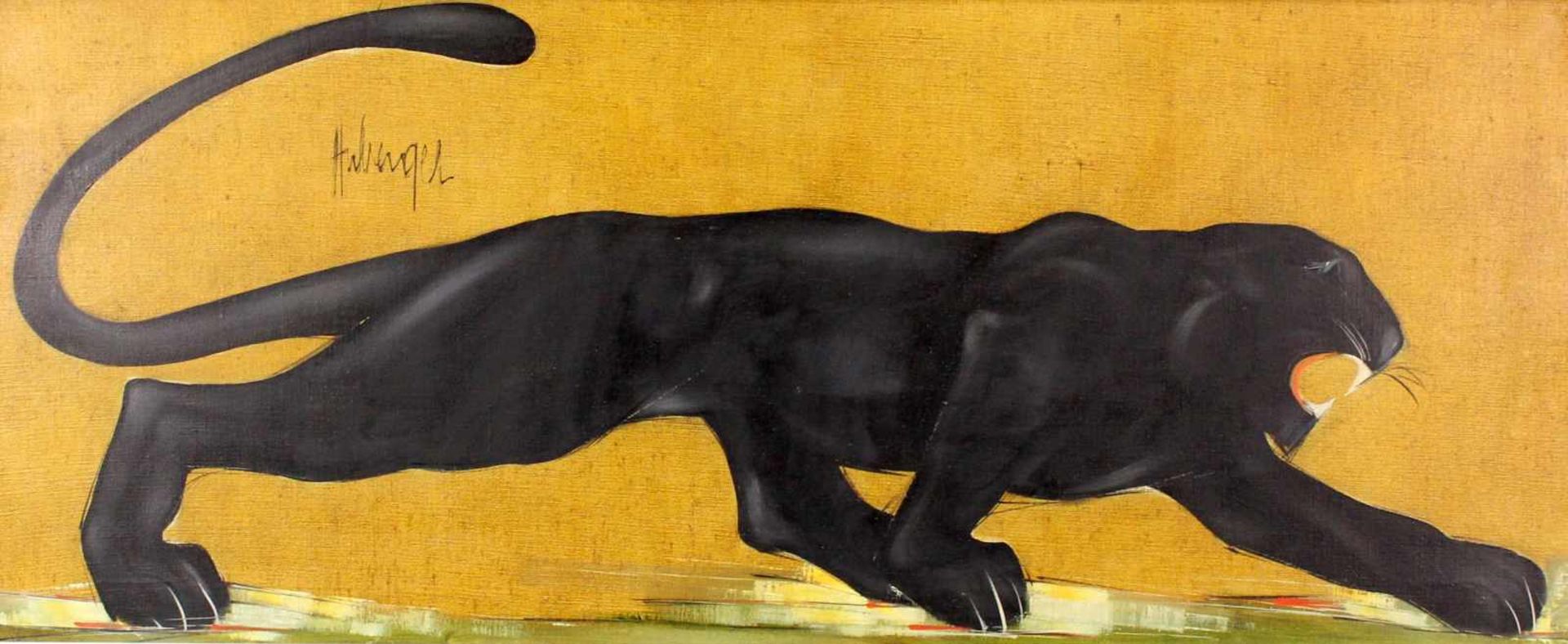 Tugomir HUBERGER (1931). Schwarzer Panther. 50 cm x 120 cm. Gemälde, Öl auf Leinwand. Links oben