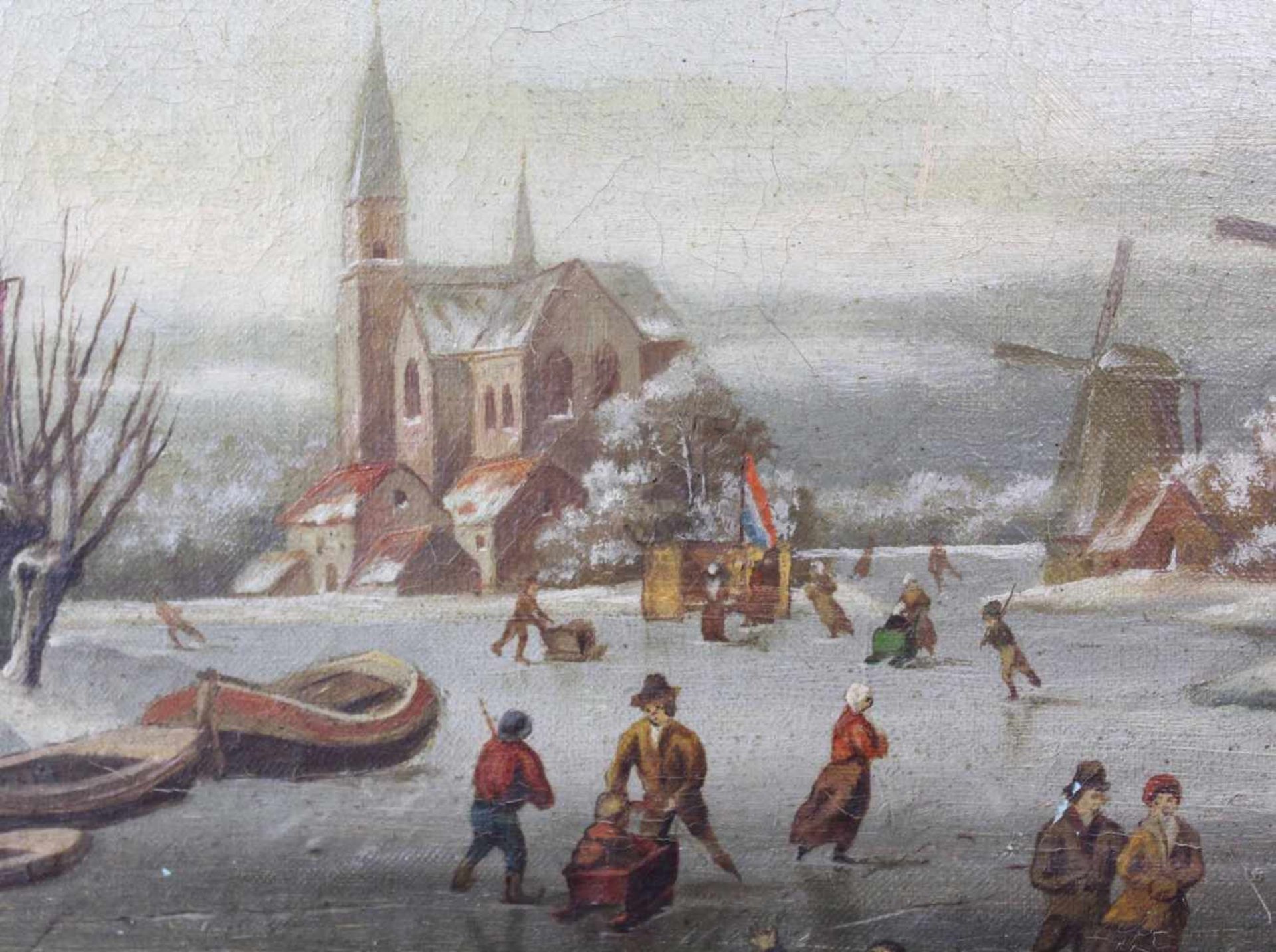 Jacob Jan Coenraad SPOHLER (1837 - 1922). Eisvergnügen vor niederländischer Stadt. 42 cm x 61 cm. - Image 4 of 6