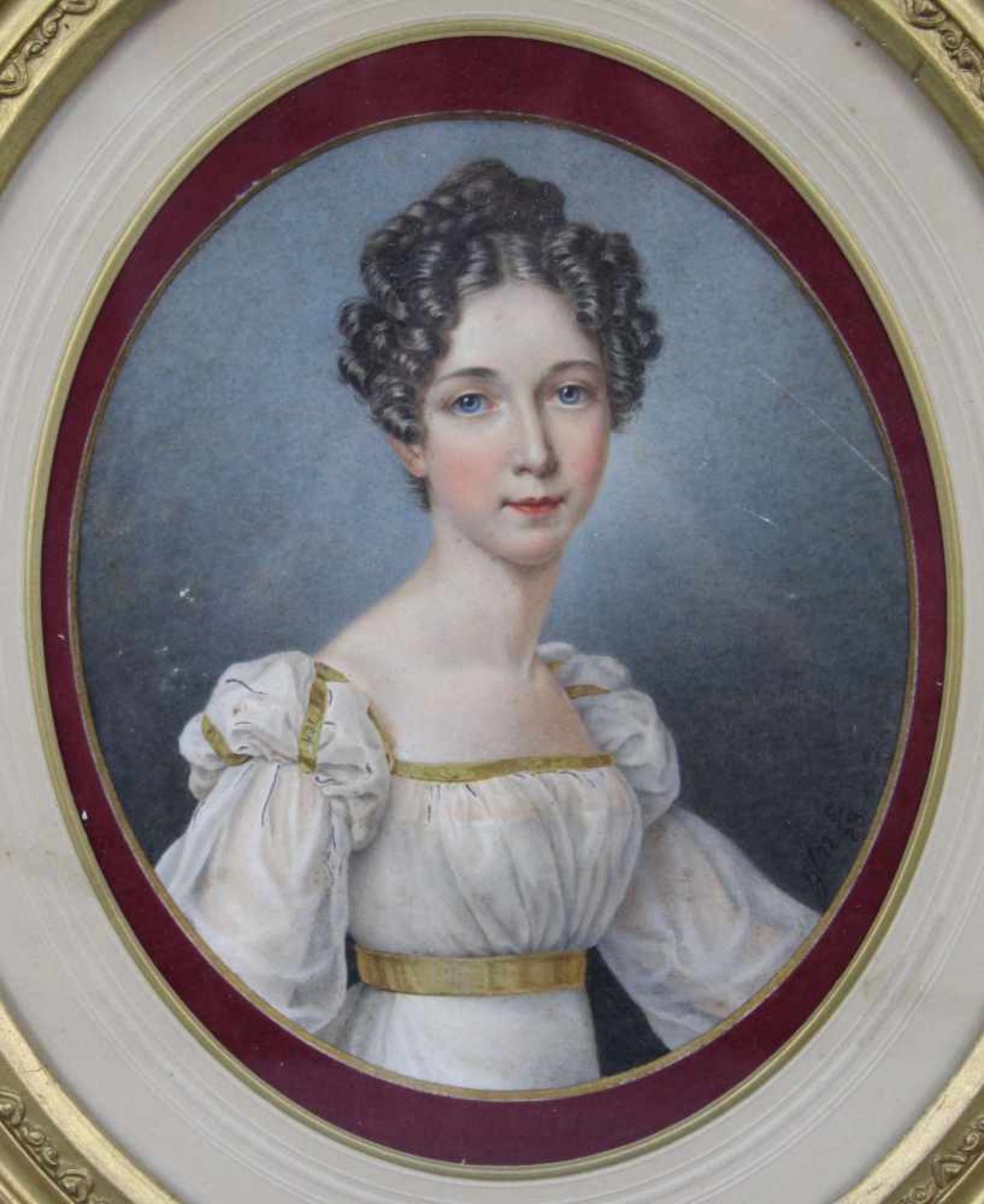 MONOGRAMMIST " htn ". (XIX) Portrait der Josephine von Leuchtenberg. Hochzeitsminiatur 1823. 19 cm x - Bild 2 aus 6