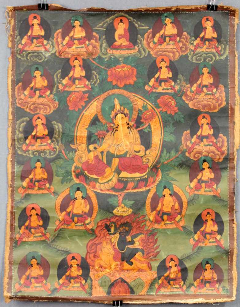 Gelbe Tara ? Thangka, China / Tibet alt.58 cm x 45 cm. Gemälde.Yellow Tara ? Thangka, China /
