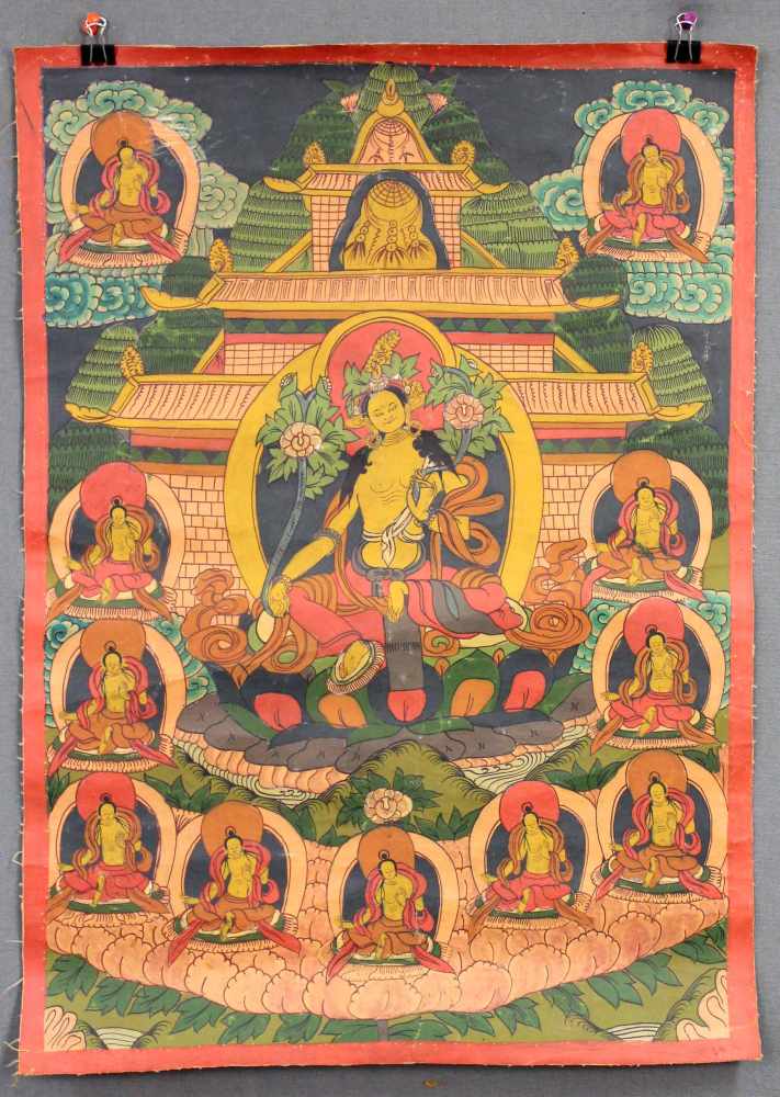 Goldgelbe Tara Thangka, China / Tibet alt.59 cm x 43 cm. Gemälde.Yellow Tara Thangka, China /