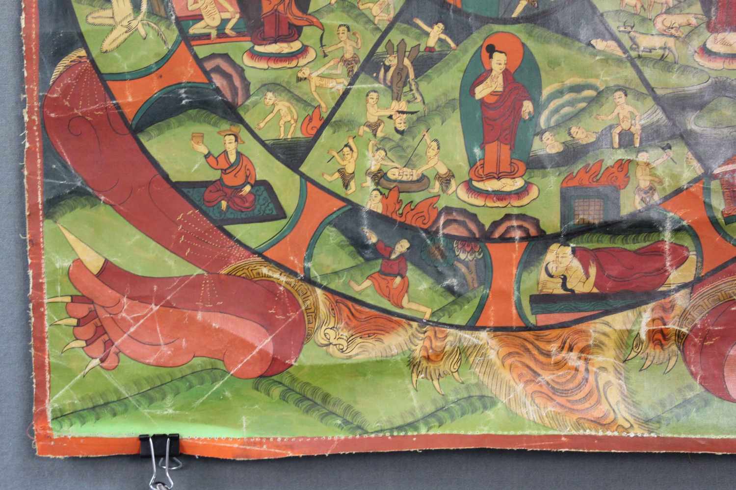 Bhavacakra Mandala / Thangka, China / Tibet alt.59 cm x 45 cm. Gemälde. Lebensrad Mandala mit 6 - Image 2 of 7