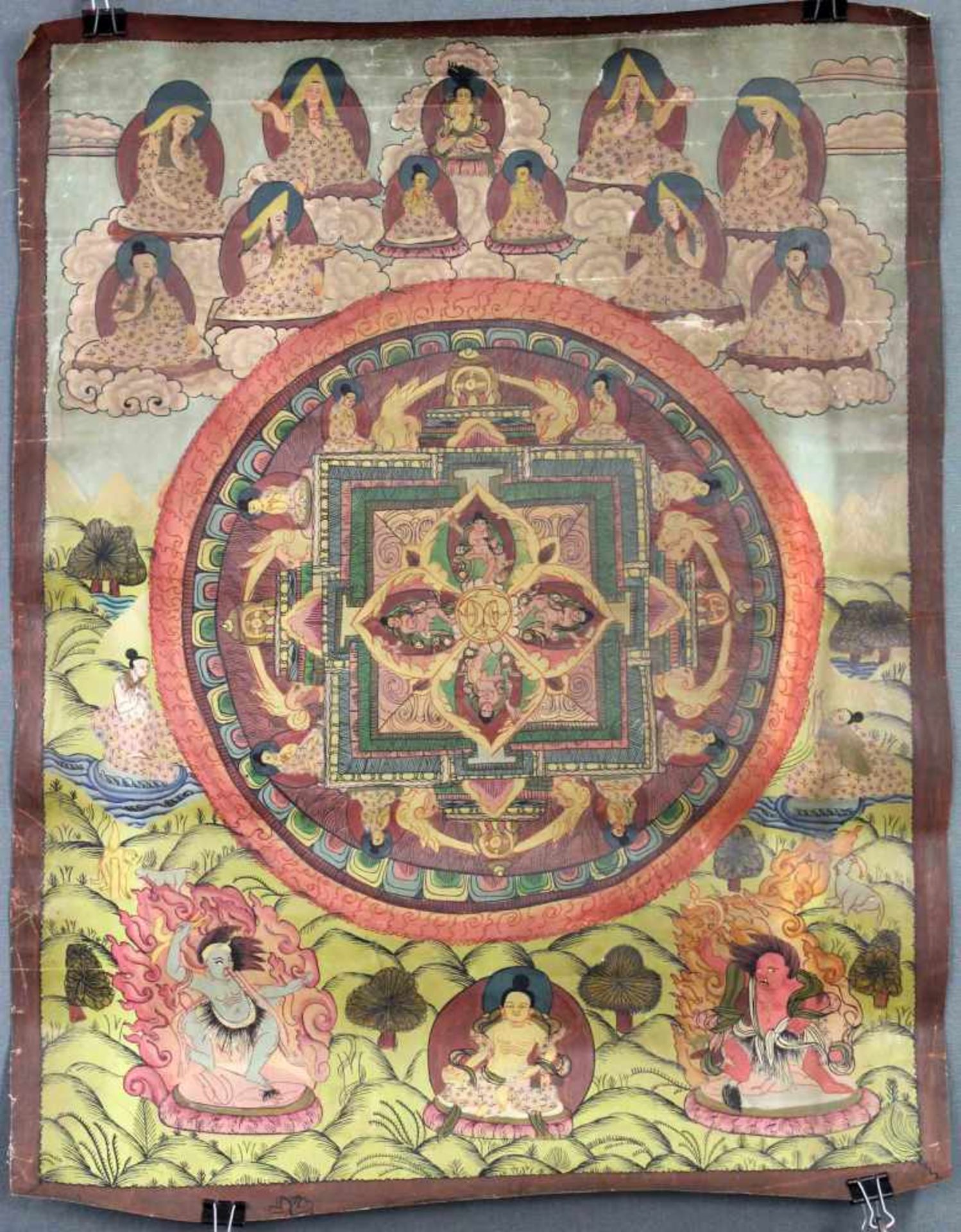 Mandala, China / Tibet alt.56 cm x 44 cm. Gemälde. Die Abschlusskrone des Lhasa Palastes deutlich zu