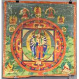 Bodhisattva Mandala, China / Tibet alt.48 cm x 45,5 cm. Gemälde. 12 - armige Figur vor goldenen