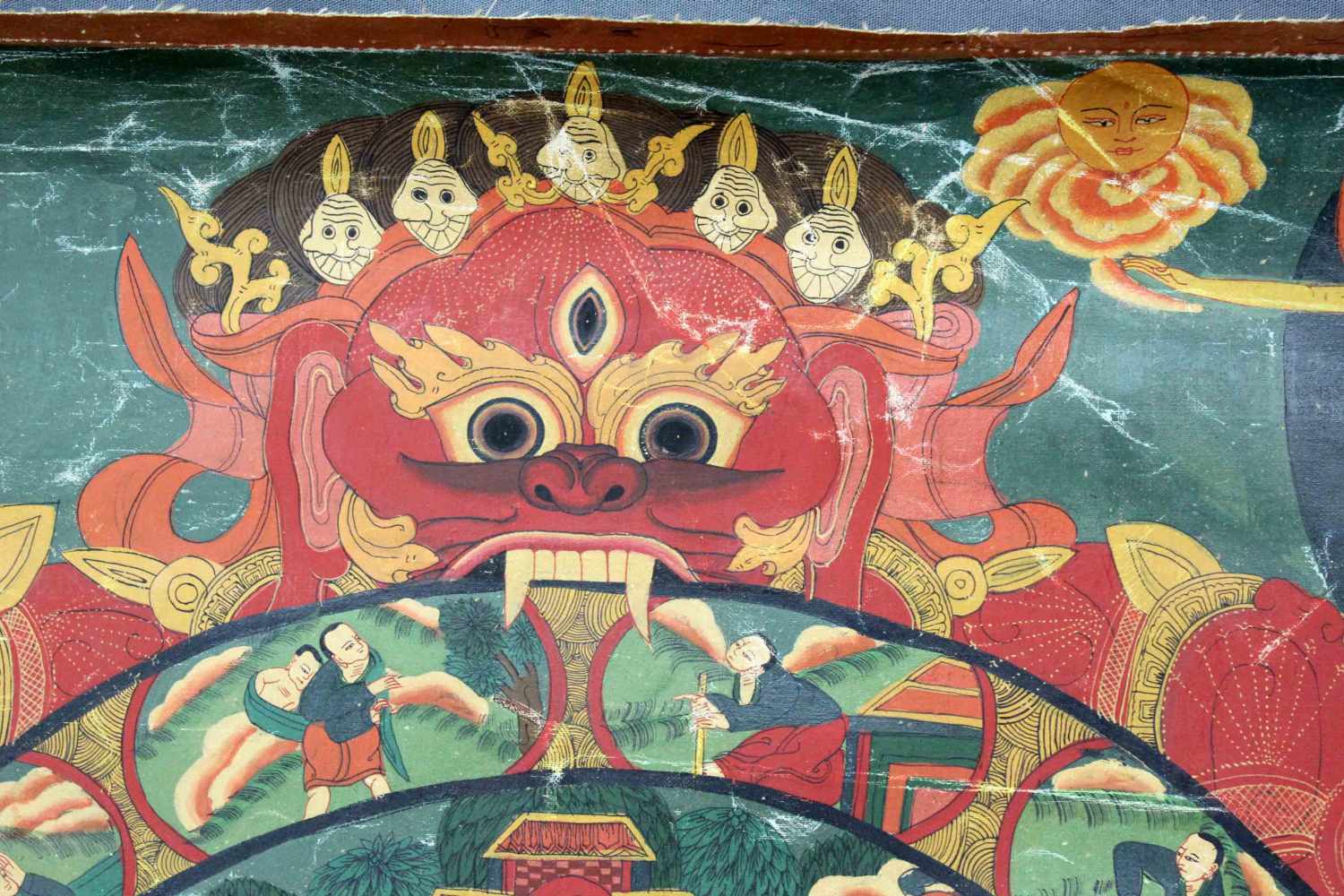 Bhavacakra Mandala, China / Tibet alt.60 cm x 47 cm. Gemälde. Lebensrad Mandala mit 6 Buddhas. Im - Image 3 of 5