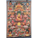 Ratnasambhava Buddha Thangka, China / Tibet alt.63 cm x 41,5 cm. Gemälde. Von seinen zwei