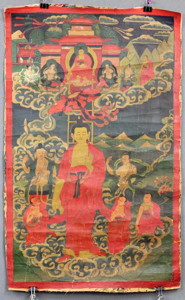 Buddha, Thangka, China / Tibet alt. ''Abstieg aus dem Himmel''.69 cm x 42 cm. Gemälde. Auf Wolken