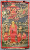 Buddha, Thangka, China / Tibet alt. ''Abstieg aus dem Himmel''.69 cm x 42 cm. Gemälde. Auf Wolken