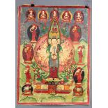 Avalokiteshavara / Chenrezig Thangka, China / Tibet alt.63 cm x 46 cm. Gemälde. Farbenfroher Thangka