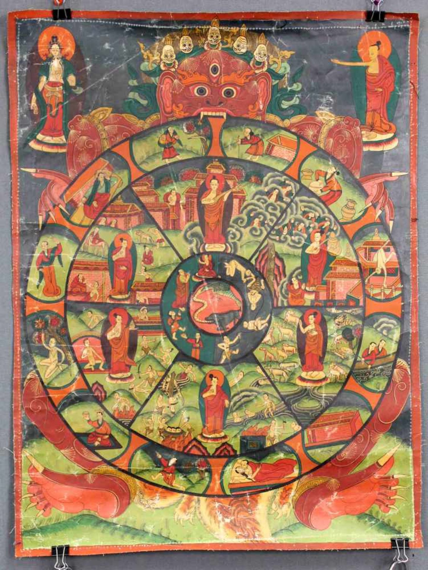 Bhavacakra Mandala, China / Tibet alt.59 cm x 44 cm. Gemälde. Lebensrad Mandala mit 6 Buddhas. Im