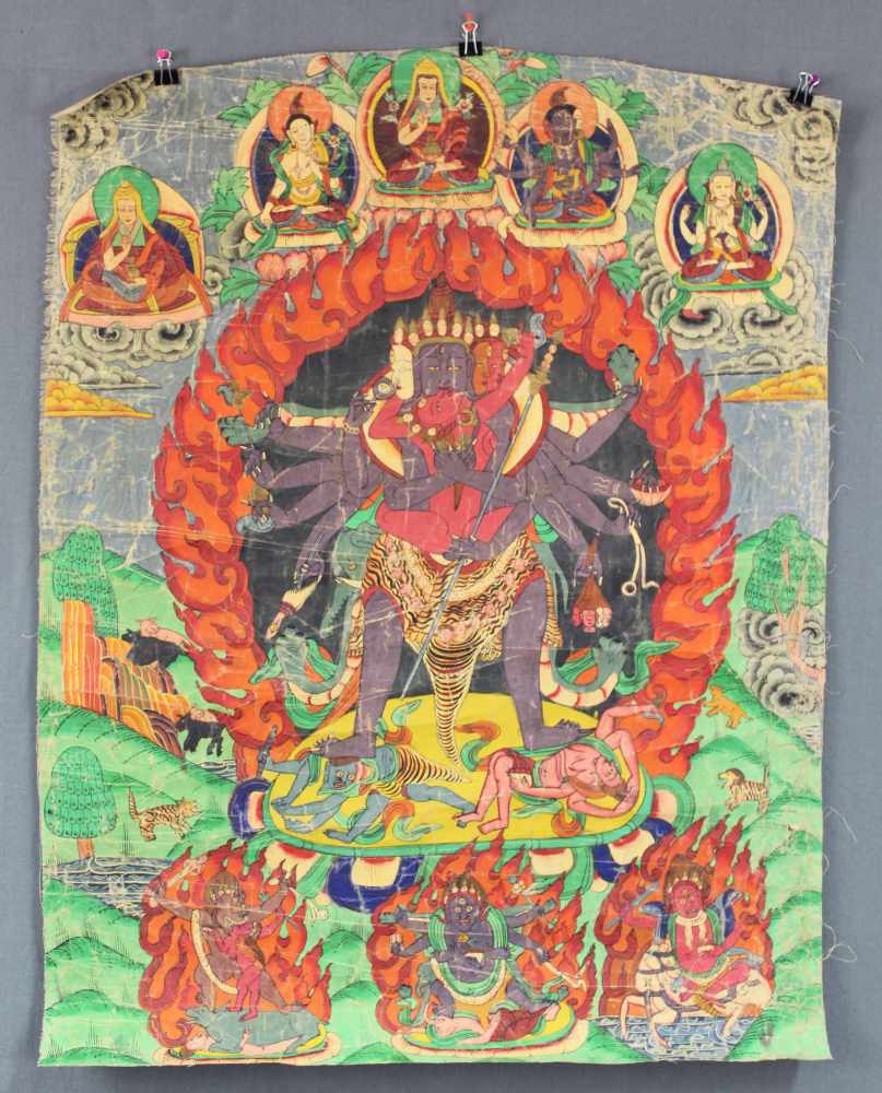 Thangka, China / Tibet alt. Wohl Yama / Kalacakra ?84 cm x 65 cm. Gemälde.Thangka, China / Tibet