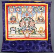 Avalokitesvara. Thangka. China / Tibet alt.55 cm x 64 cm. 88 cm x 91 cm mit Textilumrandung.