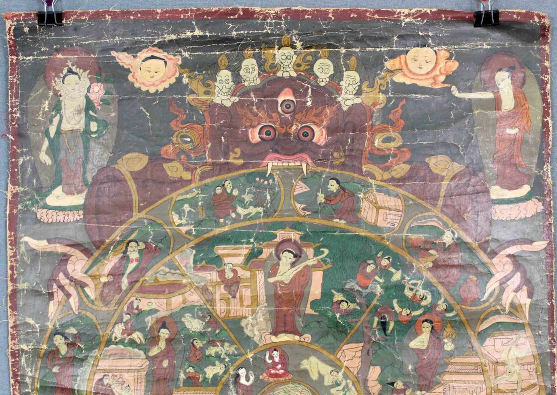Bhavacakra Mandala, China / Tibet alt.64,5 cm x 45 cm. Gemälde. Das Lebensrad Mandala mit 6 Buddhas. - Image 2 of 4