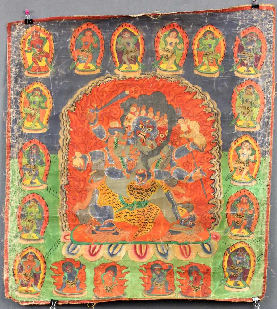 Caturbhuja - Mahakala ? Thangka, China / Tibet alt.74,5 cm x 70 cm. Gemälde.Caturbhuja -