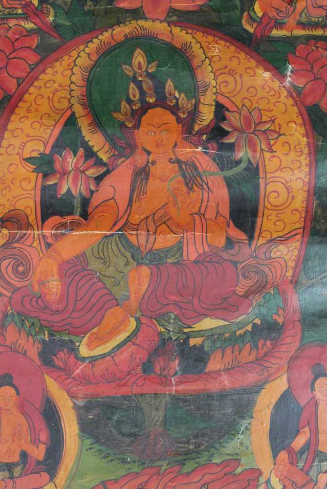 Gelbe Tara ? Auf Lotusthron. Thangka, China / Tibet alt.59 cm x 45 cm. Gemälde.Yellow Tara ? On a - Image 2 of 6