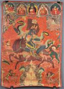 Thangka, Wohl Palden Lhamo, China / Tibet alt.65 cm x 46 cm. Gemälde. Vor einer Flammenaureole