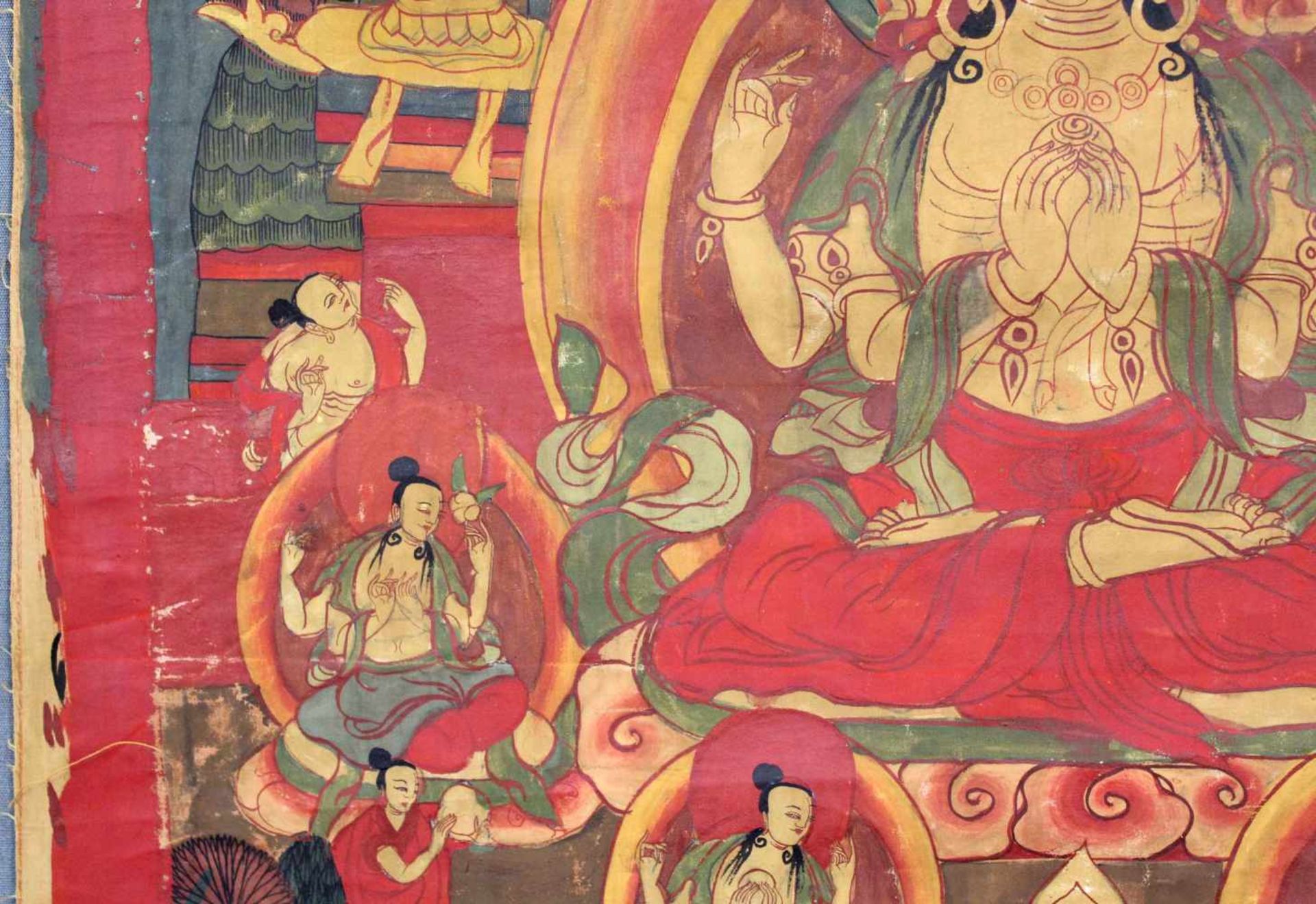 Buddha Thangka, sitzend vor Palast. China / Tibet alt.64 cm x 47 cm. Gemälde.Buddha Thangka, sitting - Image 4 of 9