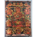 6 - armiger Mahakala Thangka, China / Tibet alt.70 cm x 52 cm. Gemälde. Auf einem roten Thron
