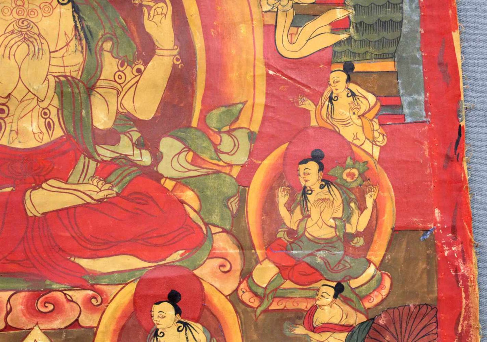 Buddha Thangka, sitzend vor Palast. China / Tibet alt.64 cm x 47 cm. Gemälde.Buddha Thangka, sitting - Image 6 of 9