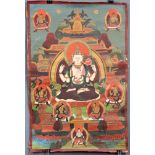 Buddha Thangka, China / Tibet alt.62 cm x42 cm. Gemälde. Vor Tempel, wohl Lahsa Palast?Buddha