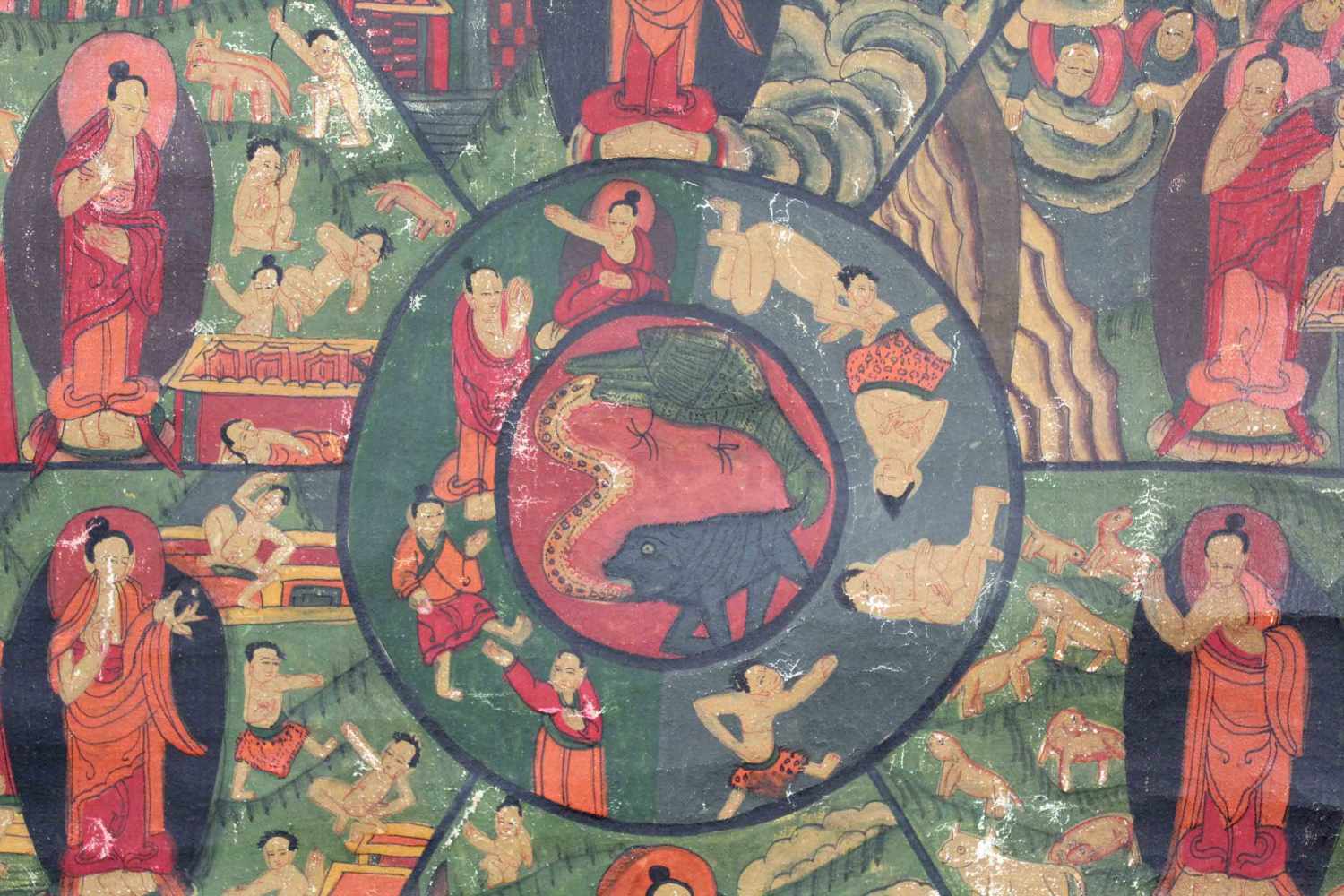 Bhavacakra Mandala, China / Tibet alt.62 cm x 45,5 cm. Gemälde. Lebensrad Mandala mit 6 Buddhas. - Image 8 of 11