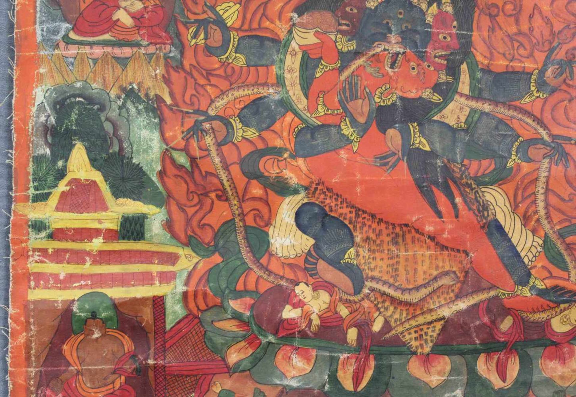 Thangka, China / Tibet alt. Wohl 6- armiger Mahakala.61,5 cm x 47 cm. Gemälde. Der Mahakala - Image 4 of 9