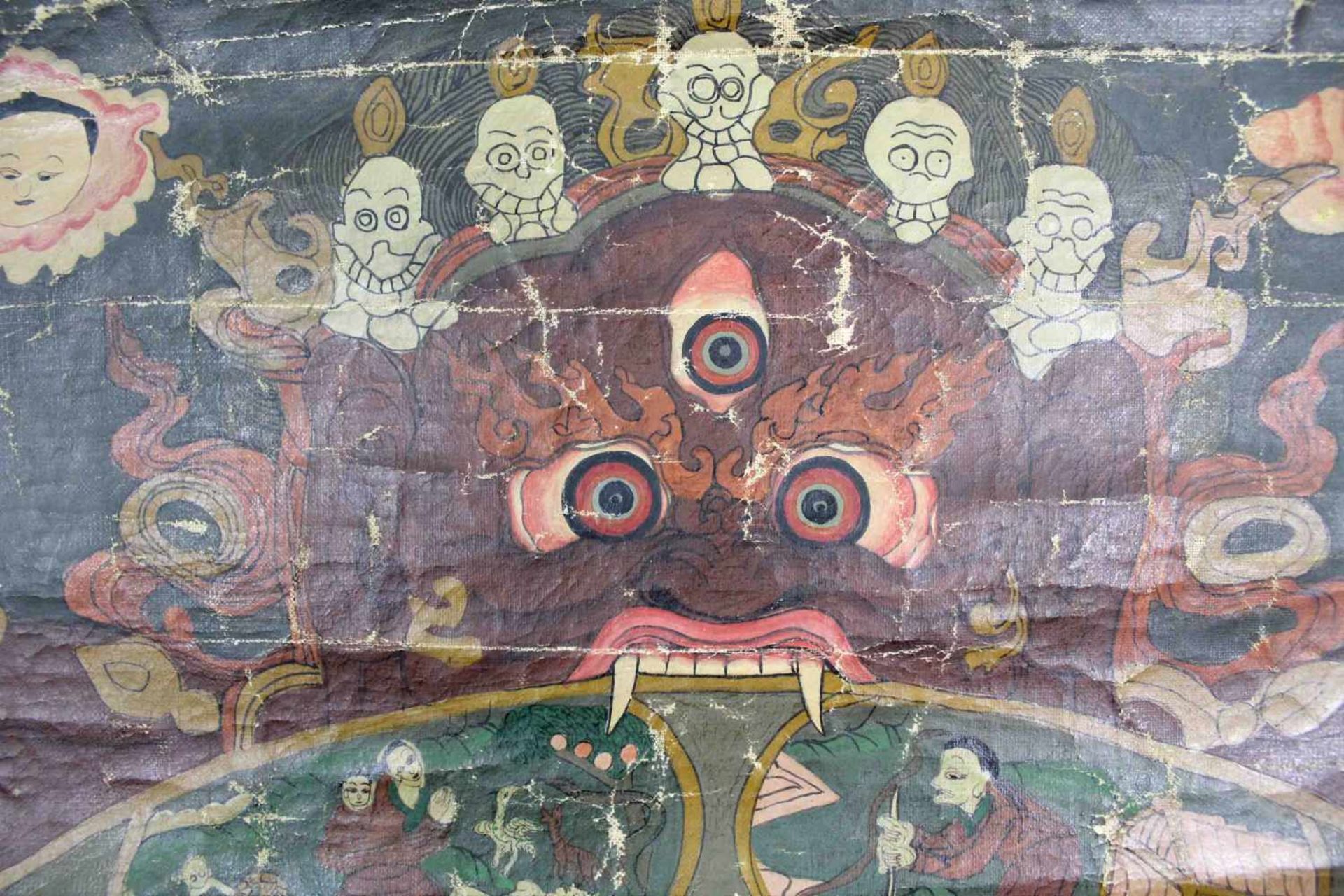 Bhavacakra Mandala, China / Tibet alt.64,5 cm x 45 cm. Gemälde. Das Lebensrad Mandala mit 6 Buddhas. - Image 3 of 4