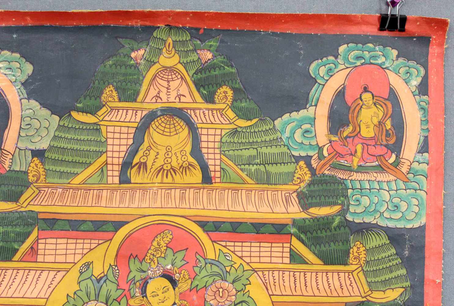 Goldgelbe Tara Thangka, China / Tibet alt.59 cm x 43 cm. Gemälde.Yellow Tara Thangka, China / - Image 7 of 8