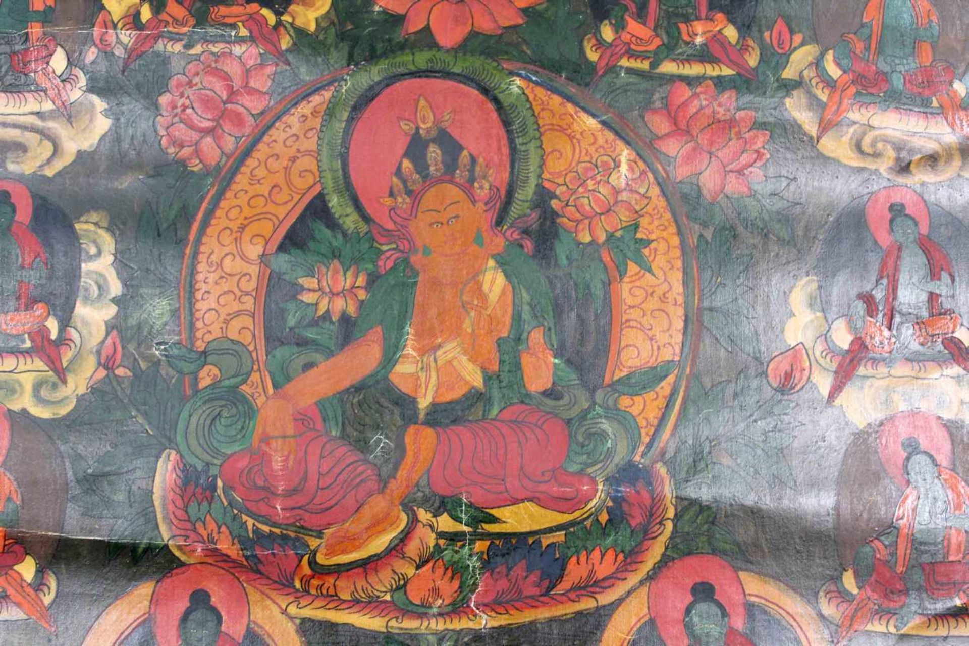Tara auf Lotusthron. Thangka, China / Tibet alt.58 cm x 44,5 cm. Gemälde. Dargestellt, wie bei der - Image 4 of 4