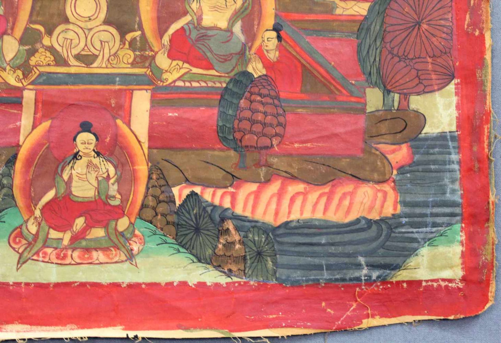Buddha Thangka, sitzend vor Palast. China / Tibet alt.64 cm x 47 cm. Gemälde.Buddha Thangka, sitting - Image 3 of 9